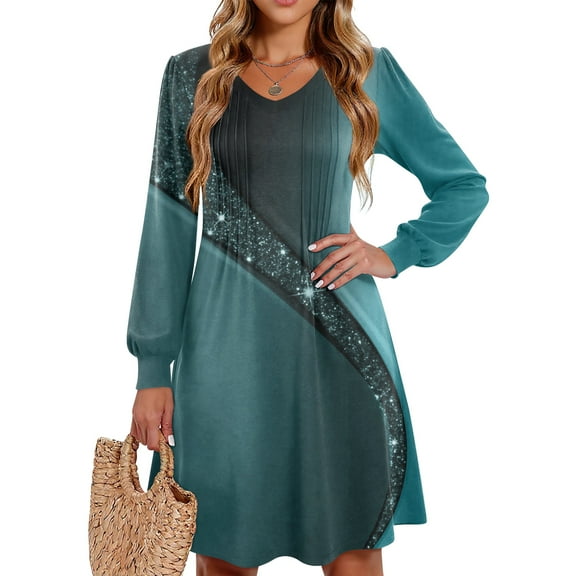 Kixjoy Women's Dresses Casual Long Sleeve Tunic Dresses Floral Print Pleated Soft V Neck Dresses A Line Lightweight Fall Dress for Women, Dark Green M