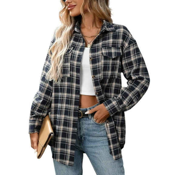 Kixjoy Women's Flannel Shirts Long Sleeve Button Down Plaid Shirt Lightweight Casual Fall Top Plus Size Fashion Fall Tops for Women 2025 with Pockets, Navy XXL