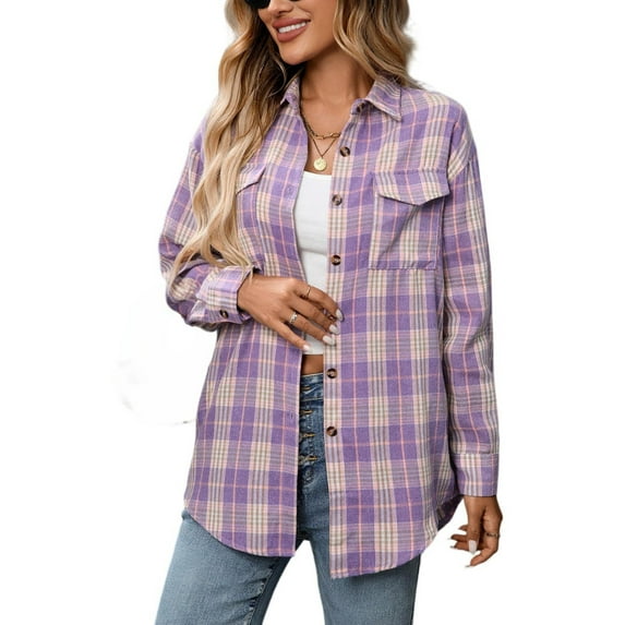 Kixjoy Women's Flannel Shirts Long Sleeve Button Down Plaid Shirts Lightweight Fashion Winter Top Plus Size Casual Womens Blouses with Pockets, Purple L