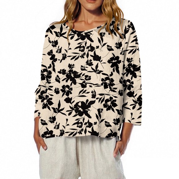 Kixjoy Women's O-Neck 3/4 Sleeve Printed Top T-shirt, BeigeXL