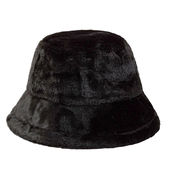 Kixjoy Women's Plush Fluffy Bucket Hat – Warm Winter Faux Fur Wide Brim Cap,Black