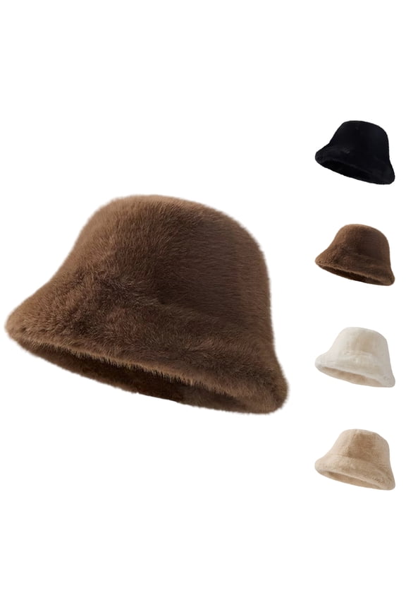 Women's Plush Fluffy Bucket Hat – Warm Winter Faux Fur Wide Brim Cap,Coffee