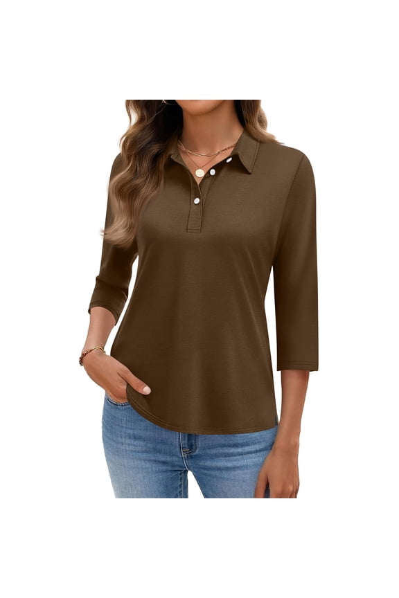 Women's Polo Shirts 3/4 Sleeve Lounge Button Down Collared Shirts Fashion Work Soild Polo Shirt Cozy Lightweight Spring Women's Clothing, Brown 2XL