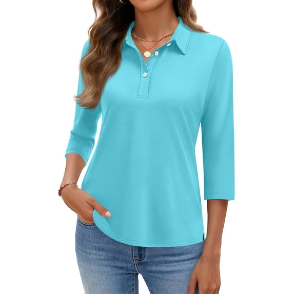 Kixjoy Women's Polo Shirts 3/4 Sleeve Lounge Button Down Collared Shirts Trendy Work Soild Polo Shirts Soft Lightweight Summer Womens Tops, Sky Blue S