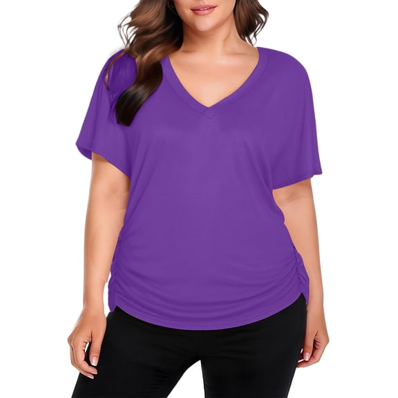 Kixjoy Women's Purple Blouses Plus Size Short Sleeve V Neck Shirt Casual Basic Loose Fit Top Business Fashion Fall Outfits for Women, Purple 3XL