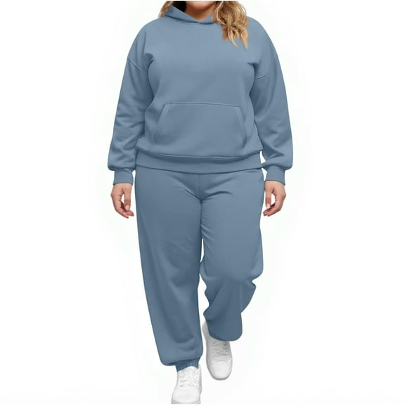 Kixjoy Women's Tracksuit 2 Pieces Set Casual Plus Size Drawstring Hoodie Sweatpant Set Jogging Winter Fleece Women's Sweatsuits Running Fashion Women's Tracksuits with Pockets, Blue 2XL