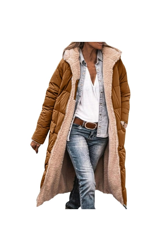 Women's Winter Jacket Coat Long Length Sleeve Thermal Winter Puffer Jackets Fleece Full Zip Plus Size Coat Trendy Heavyweight Hooded Jackets with Pockets, Brown XL