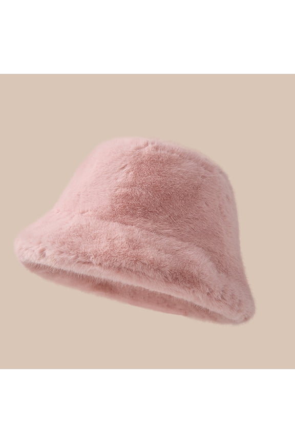 Women's Winter Plush Bucket Hat – Fluffy Warm Faux Fur Lining Cozy Wide Brim Cap,Pink