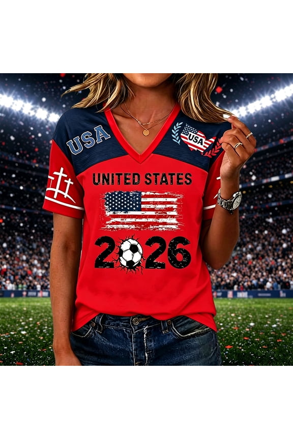 Womens 2026 Soccer Graphic V Neck T Shirt USA Print Football Fan Match Day Color Block Short Sleeve Casual Tops, Red S
