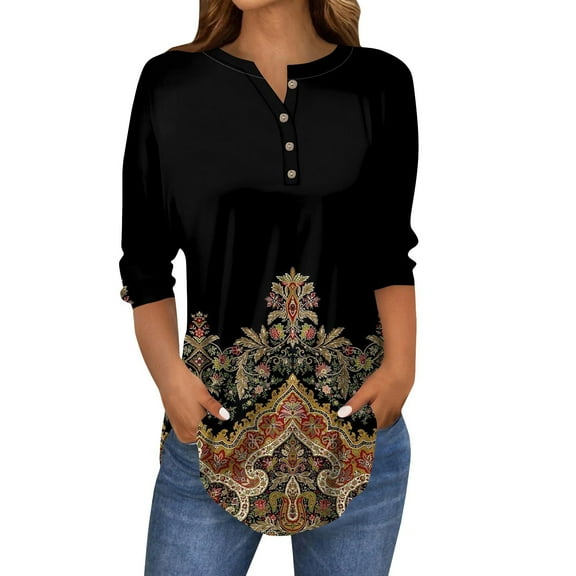 Kixjoy Womens 3/4 Sleeve Tops and Blouses Elbow Sleeve Henley Tops Round Neck Button T-Shirt Floral Print Plus Size Pullover Casual Loose Fit Tunic Tops Black XL