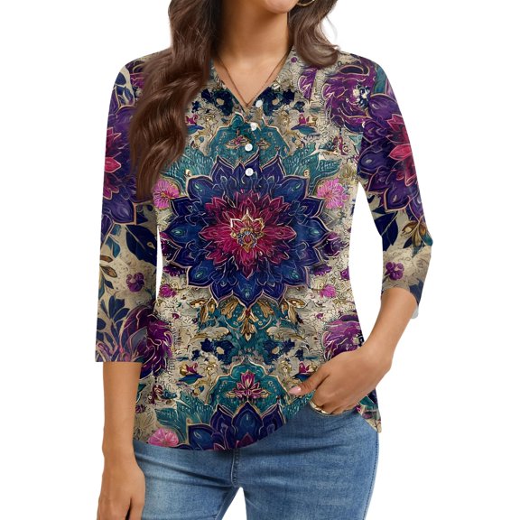 Kixjoy Womens 3/4 Sleeve Tops Button Down Casual V Neck Sweatshirt Floral Print Plus Size Loose Fit Shirt Fashion Fall Blouses for Women, Purple S