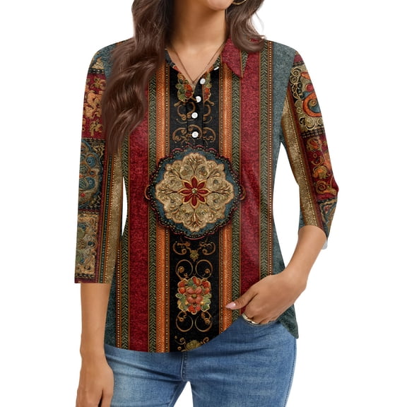 Kixjoy Womens 3/4 Sleeve Tops Button Down Casual V Neck Sweatshirts Floral Print Plus Size Loose Fit Shirts Fashion Winter Blouses for Women, Red XL