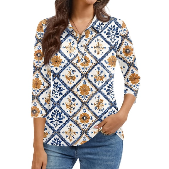 Kixjoy Womens 3/4 Sleeve Tops Button Down Fashion V Neck Sweatshirt Floral Print Plus Size Loose Fit Tops Casual Fall Clothing for Women, Sky Blue XL
