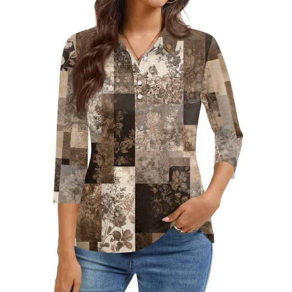 Kixjoy Womens 3/4 Sleeve Tops Button Down Fashion V Neck Sweatshirts Floral Print Plus Size Loose Fit Shirt Casual Fall Sweatshirt for Women, Khaki S