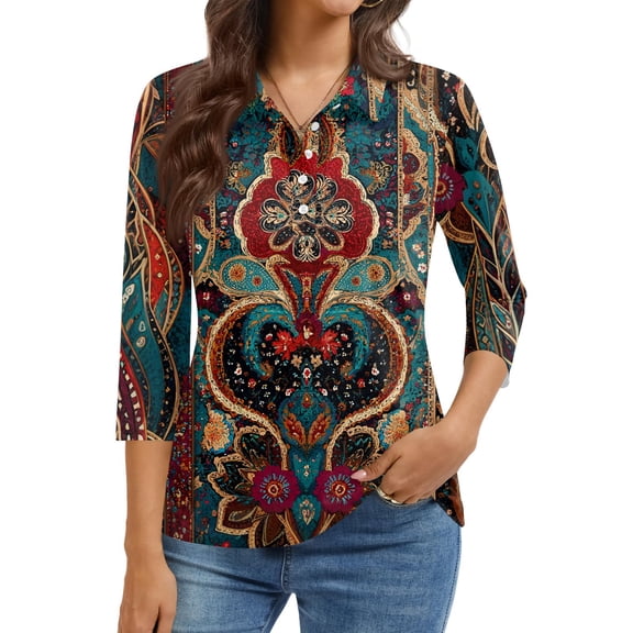Kixjoy Womens 3/4 Sleeve Tops Button Down Fashion V Neck Sweatshirts Floral Print Plus Size Loose Fit T Shirts Casual Fall Blouses for Women, Cyan S