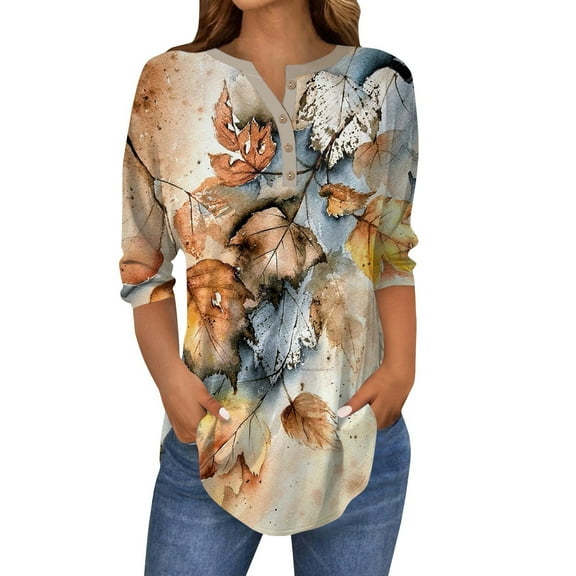 Kixjoy Womens 3/4 Sleeve Tops Elbow Sleeve Henley Shirts Crewneck Button Shirts Floral Print Plus Size Blouses Dressy Casual Loose Fit Tunic Tops Yellow XL