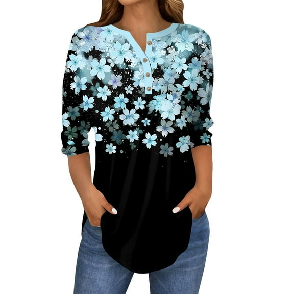 Kixjoy Womens 3/4 Sleeve Tops Elbow Sleeve Henley Tops Crewneck Button T-Shirt Floral Print Plus Size Blouses Dressy Casual Loose Fit Tunic Tops Sky Blue S