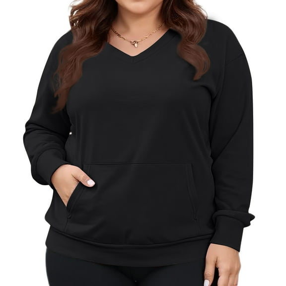 Kixjoy Womens Black Long Sleeve Tops Plus Size Fashion V Neck Sweatshirts Basic Lightweight Loose Fit Shirt Casual Fall Sweatshirt for Women, Black, L