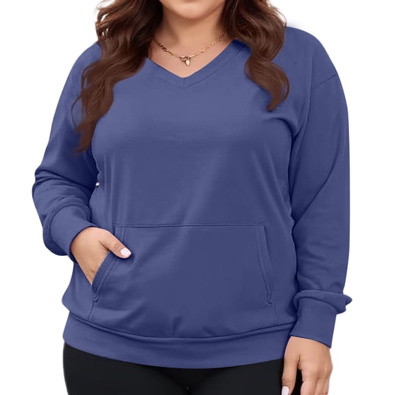 Kixjoy Womens Blue Long Sleeve Tops Oversized Casual V Neck Sweatshirt Basic Lightweight Loose Fit Tops Fashion Fall Womens Tops, Dark Blue, 3XL