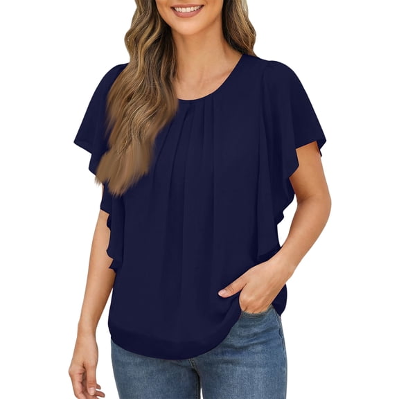 Kixjoy Womens Blue Puff Sleeve Tops Trendy Casual V Neck Shirts Basic Lightweight Tunic T Shirts Fashion Summer Clothing for Women, Dark Blue 2XL