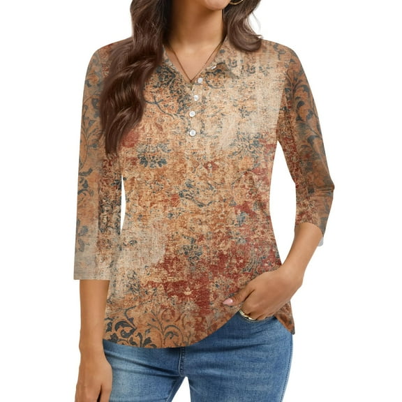 Kixjoy Womens Brown 3/4 Sleeve Tops Button Down Fashion V Neck Sweatshirts Floral Print Plus Size Loose Fit Shirts Casual Winter Womens Tops, Khaki M