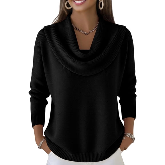 Kixjoy Womens Cowl Neck Sweater Long Sleeve Lounge Fashion Knit Sweater Elegant Lightweight Soild Top Fall Cozy Holiday Womens Tops, Black XXL