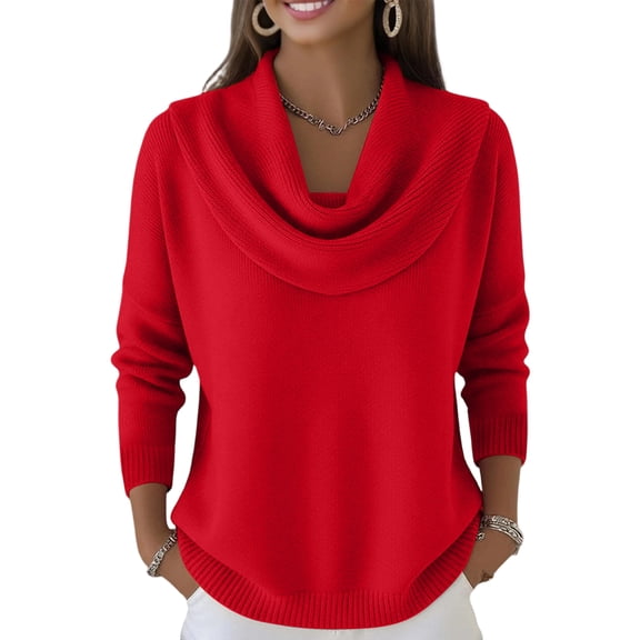 Kixjoy Womens Cowl Neck Sweater Long Sleeve Lounge Fashion Knit Sweaters Elegant Lightweight Soild Top Fall Cozy Vacation Womens Tops, Red M