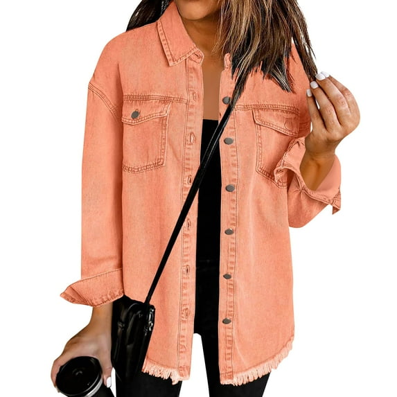 Kixjoy Womens Denim Jacket Oversized Button Down Denim Jacket Casual Fall Long Sleeve Shirts Fashion Lightweight Loose Fit Coat for Women with Pockets, Orange S