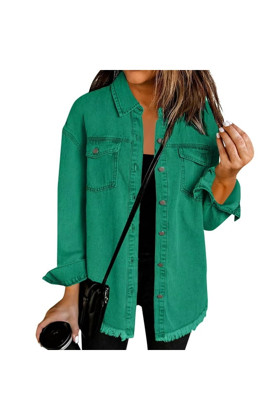 Womens Denim Jacket Oversized Button Down Denim Jackets Fashion Fall Long Shirt Casual Lightweight Loose Fit Coat for Women with Pockets, Green L