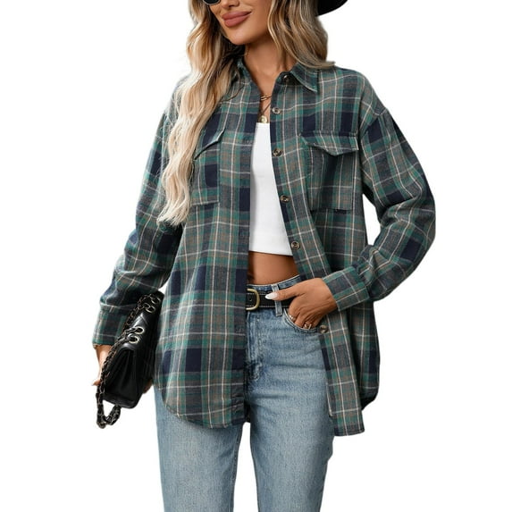 Kixjoy Womens Flannel Shirt Long Sleeve Button Down Plaid Shirt Lightweight Fashion Winter Top Oversized Casual Blouses for Women with Pockets, Blue L