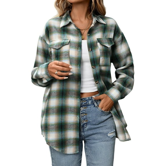 Kixjoy Womens Flannel Shirt Long Sleeve Button Down Plaid Shirts Lightweight Casual Winter Tops Plus Size Fashion Blouses for Women with Pockets, Green XL