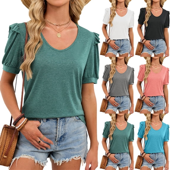 Kixjoy Womens Green Puff Sleeve Tops Trendy Casual V Neck Shirts Plain Lightweight Tunic Shirt Fashion Fall Shirt for Women, Green M