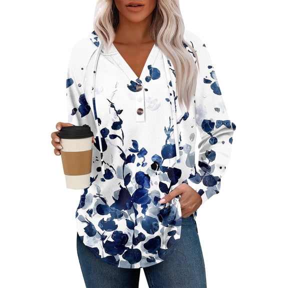 Kixjoy Womens Hoodies Pullover Floral Print V Neck Long Sleeve Hoodies Button Lounge Cozy Tops Baggy Fashion Fall Womens Hoodies Pullover, White S
