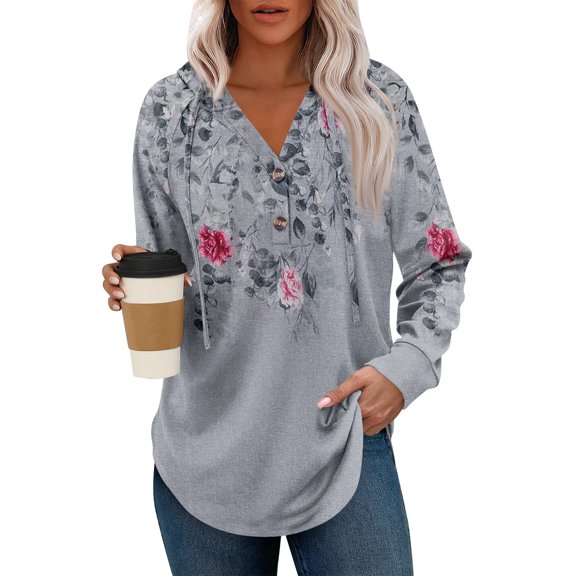 Kixjoy Womens Hoodies Pullover Trendy Button Long Sleeve Hoodies Lounge Floral Print V Neck Tops Soft Loose Fit Winter Shirts for Women, Gray L