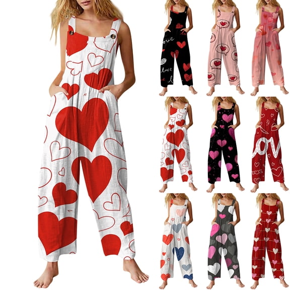 Kixjoy Womens Jumpsuits Dressy Fashion Plus Size Linen Jumpsuit Adjustable Strap Holiday Loose Fit Pants Valentines Casual Womens Overalls with Pockets, Vermilion L