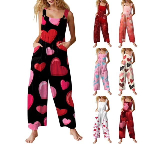 Kixjoy Womens Jumpsuits Dressy Plus Size Casual Linen Jumpsuit Valentines Adjustable Strap Loose Fit Pants Fashion Holiday Womens Overalls with Pockets, Black L