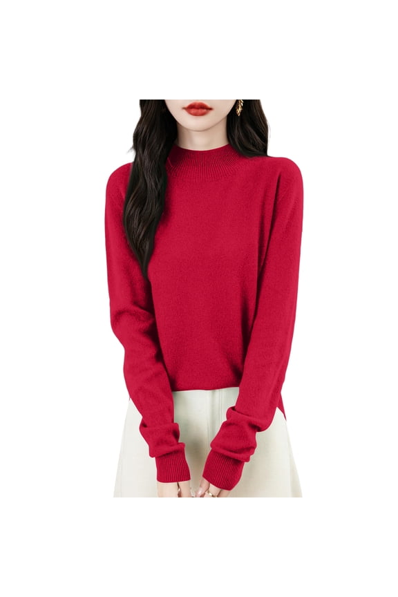 Womens Knit Sweater Long Sleeve Lightweight Mock Turtleneck Sweaters Cotton Thermal Casual Winter Tops Basic Soft Loose Fit Fall Outfits for Women 2025, Red M