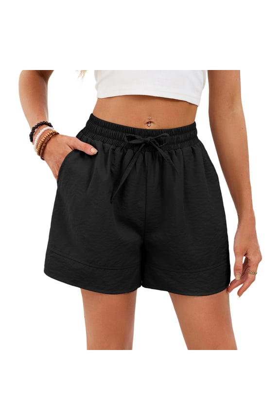 Womens Linen Casual Wide Leg Shorts Summer Ruffle High Waisted Drawstring Beach Pleated Palazzo Short with Pockets, Black S