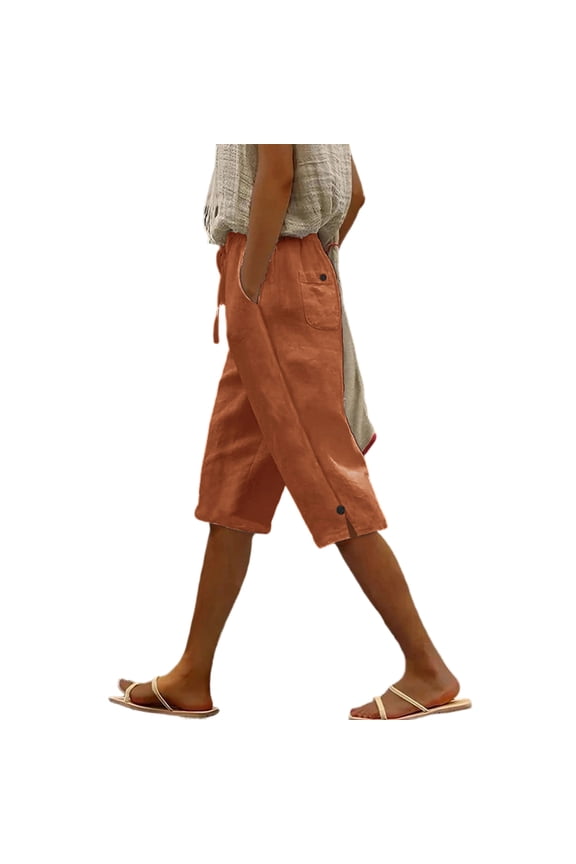 Womens Linen Casual Wide Leg Shorts Summer Ruffle High Waisted Drawstring Beach Pleated Palazzo Short with Pockets, Ginger S