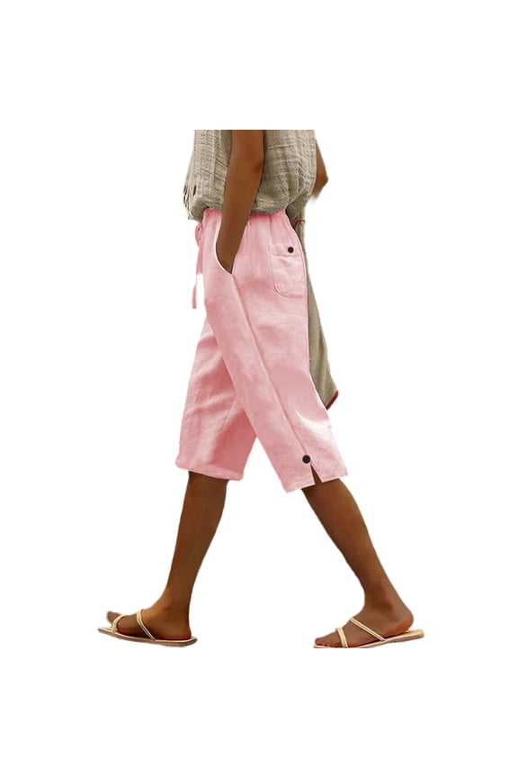 Womens Linen Casual Wide Leg Shorts Summer Ruffle High Waisted Drawstring Beach Pleated Palazzo Short with Pockets, Pink S