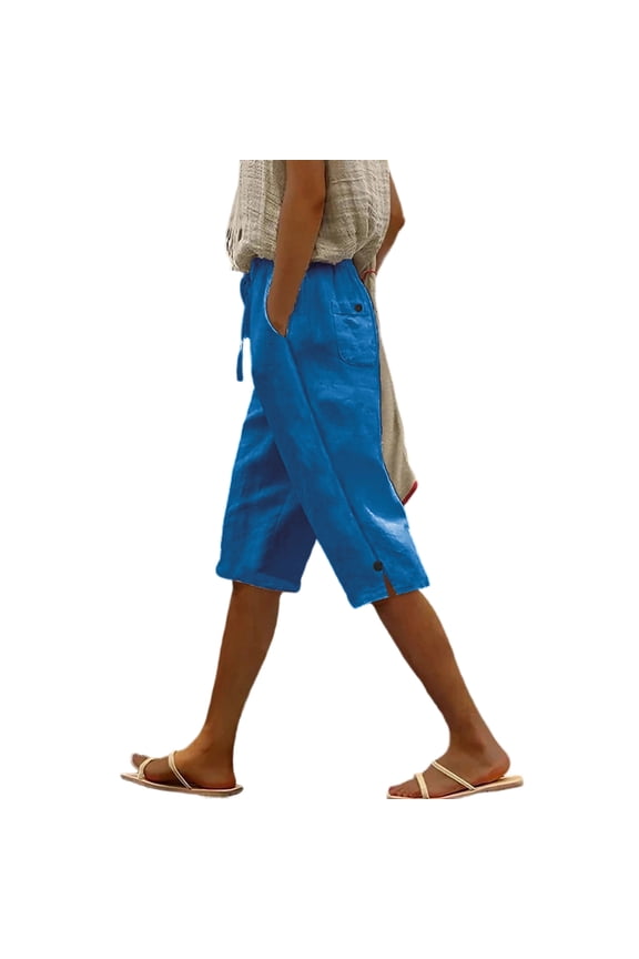 Womens Linen Casual Wide Leg Shorts Summer Ruffle High Waisted Drawstring Beach Pleated Palazzo Short with Pockets, Royal Blue S