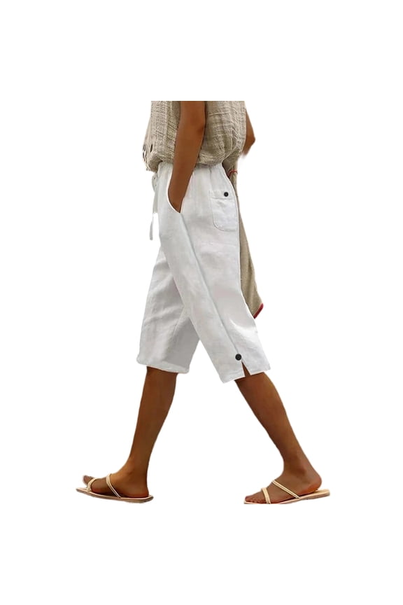 Womens Linen Casual Wide Leg Shorts Summer Ruffle High Waisted Drawstring Beach Pleated Palazzo Short with Pockets, White 2XL