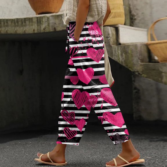 Kixjoy Womens Linen Pants Casual Baggy Valentine's Capris Pant Drawstring Elastic Waisted Wide Leg Linen Pants Trendy Soft Spring Pants with Pockets, Hot Pink S
