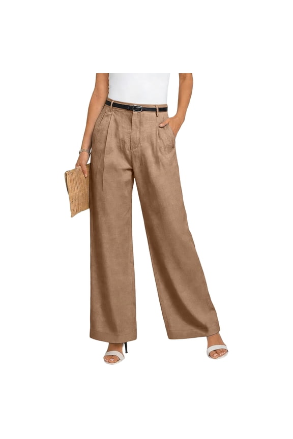 Womens Linen Pants Casual Wide Leg Linen Pants Button Trendy High Waisted Pant Soild Spring Beach Barrel Pants Pants for Women, Camel L