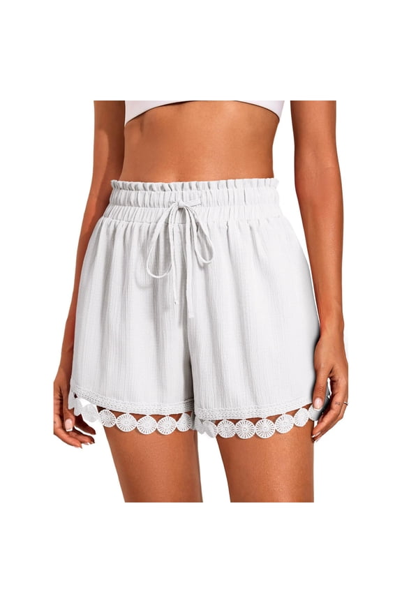 Womens Linen Shorts Summer Casual Loose Elastic Waist Drawstring Lace Boho Beach Cover Up Shorts, White S