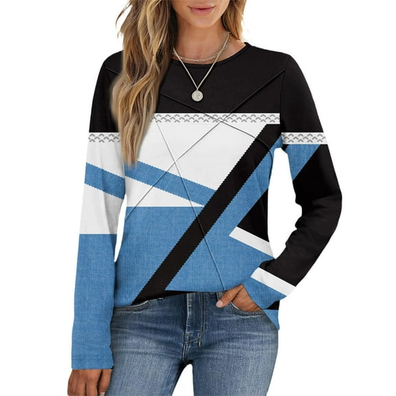 Kixjoy Womens Long Sleeve Shirts Striped Pleated Plus Size Crew Neck Blouses Casual Geometric Print Long Sleeve Tshirts Fashion Loose Fit Winter Clothes, Blue S