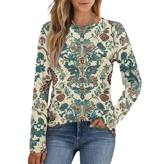 Kixjoy Womens Long Sleeve Shirts Striped Ruched Oversized Crewneck Tees Casual Floral Print Long Sleeve T-Shirt Trendy Loose Fit Winter Outfits for Women 2025, Multicolor XXL