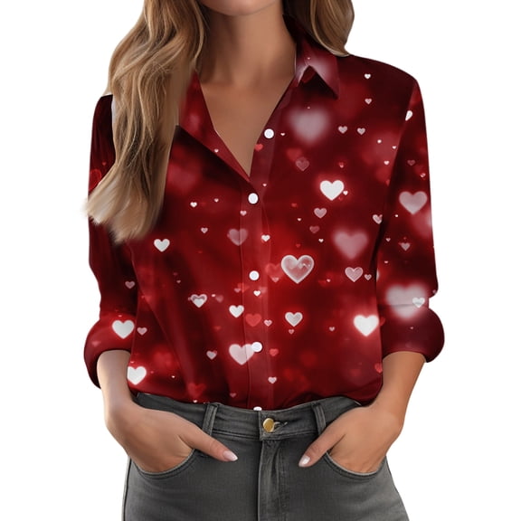 Kixjoy Womens Long Sleeve Tops Button Down Collared V Neck Shirt Valentine Lightweight Casual Tunic Tops Dressy Plus Size Womens Tops, Red 3XL