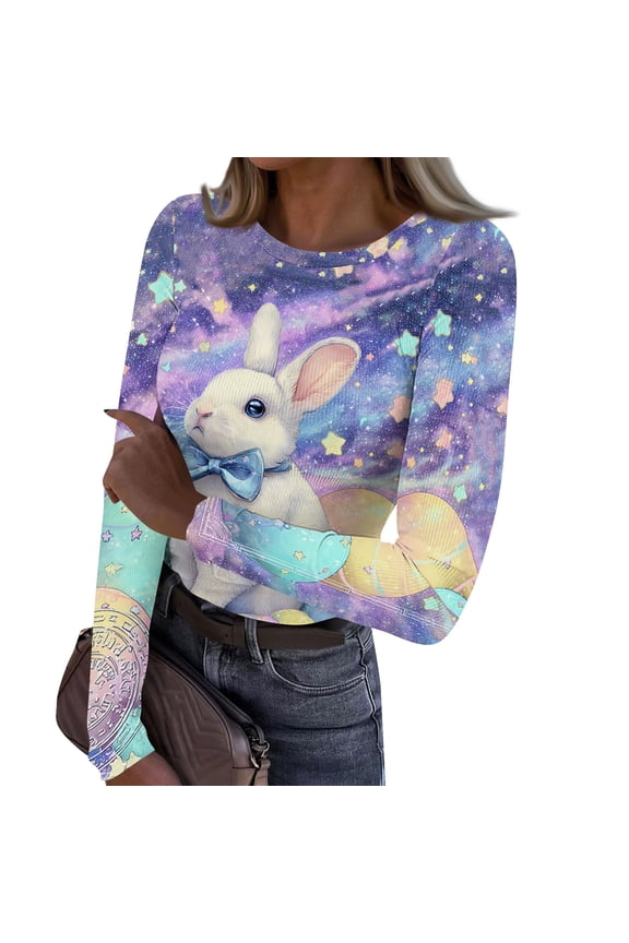Womens Long Sleeve Tops Casual Fashion Crewneck Shirts Slim Fit Cozy Ribbed Knit Shirts Workout Easter Print Womens Tops, White L