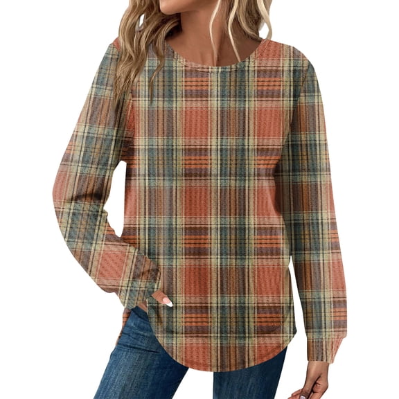 Kixjoy Womens Long Sleeve Tops Plus Size Casual Crewneck Tunic Tops Plaid Waffle Knit Loose Fit Shirts Fashion Winter Tunic Top for Women, Multicolor XXL